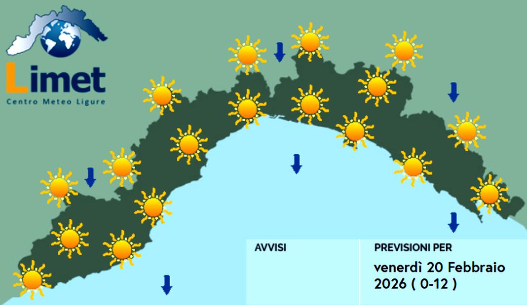 Meteo Liguria, tempo stabile e bello oggi e sabato meteo Liguria venerdì 20 febbraio 2026
