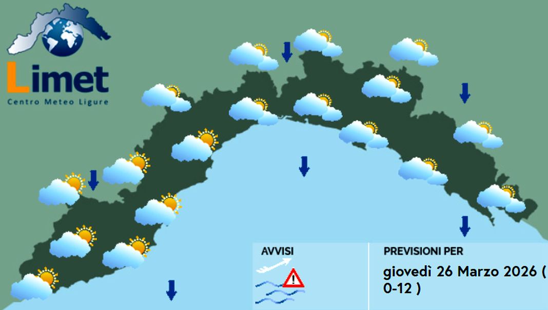 Meteo Liguria, ancora passaggi nuvolosi con possibili piogge meteo Liguria giovedì 26 marz0 2026