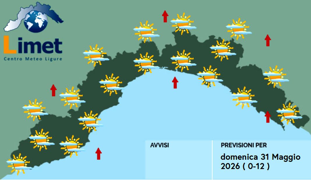 Meteo Liguria, giornata soleggiata, aumentano le nuvole in serata meteo liguria domenica 31 maggio 2026