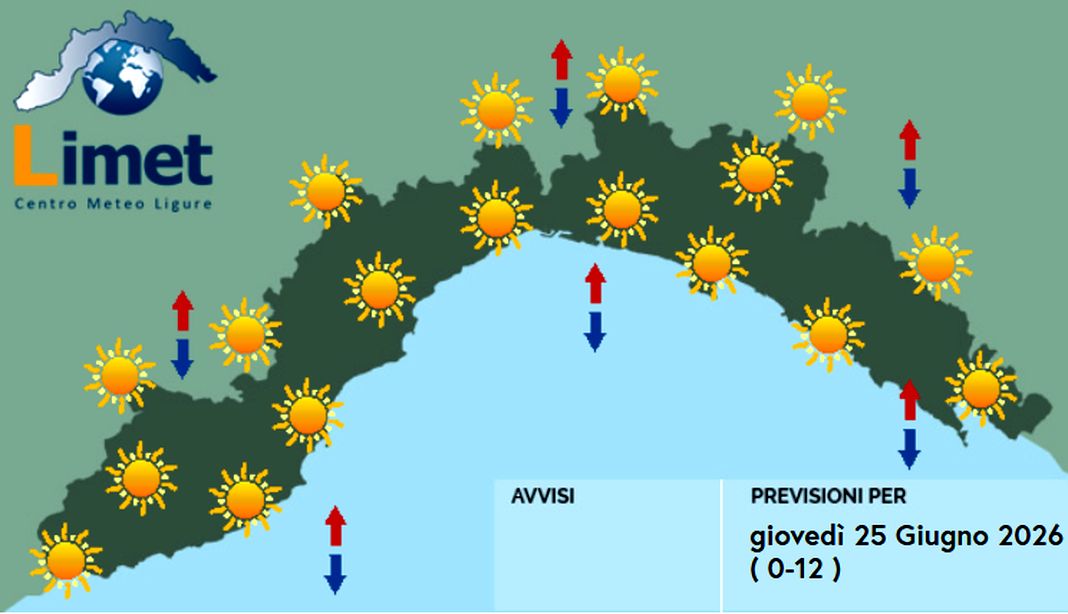 meteo liguria giovedì 25 giugno 2026