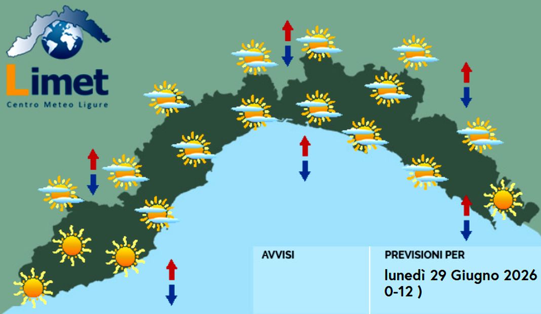 meteo Liguria lunedì 29 giugno 2026