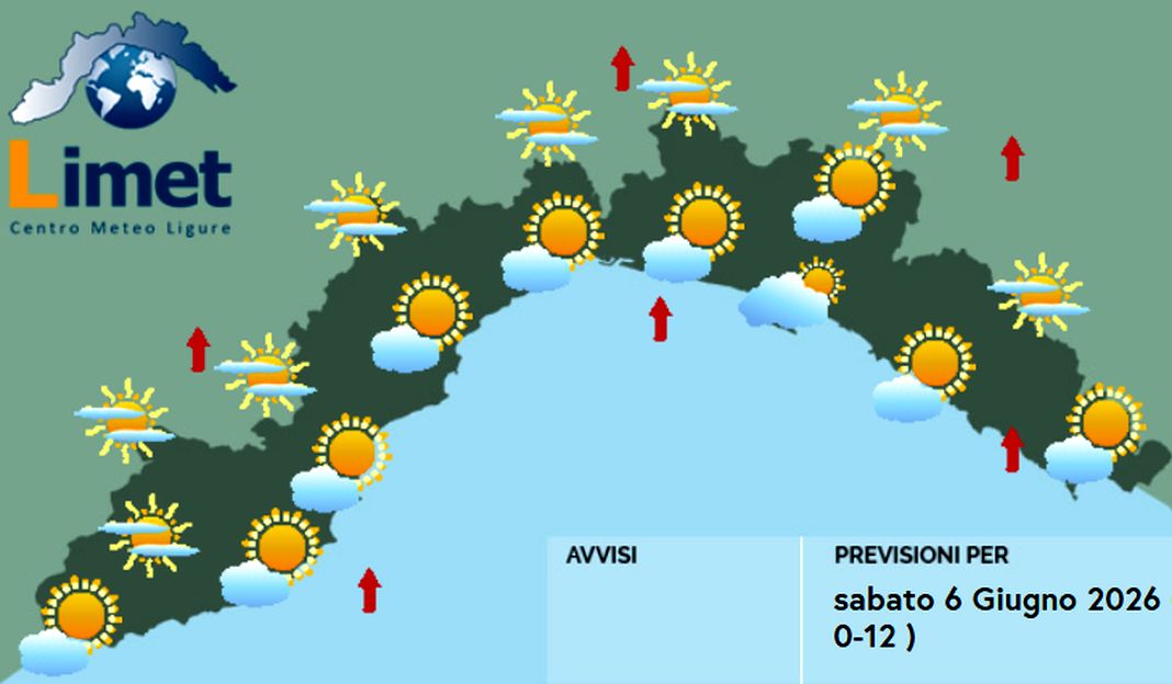 Meteo Liguria sabato 6 giugno 2026