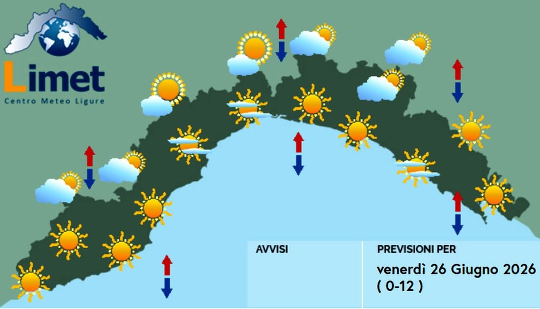 meteo liguria venerdì 26 giugno 2026