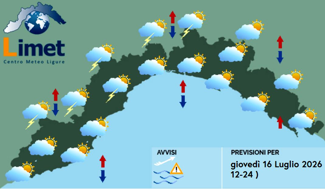 Meteo Liguria, caldo da Bollino rosso ma nel pomeriggio temporali meteo Liguria giovedì 16 luglio 2026